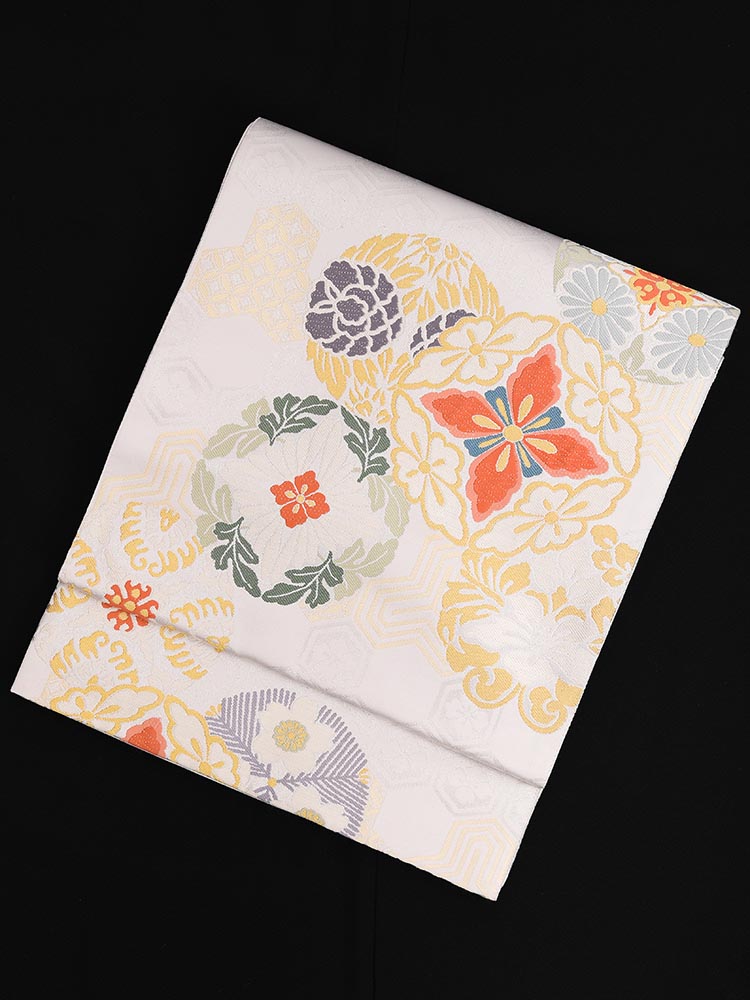 【高級帯レンタル】obi-24-275 となみ　白 　花菱