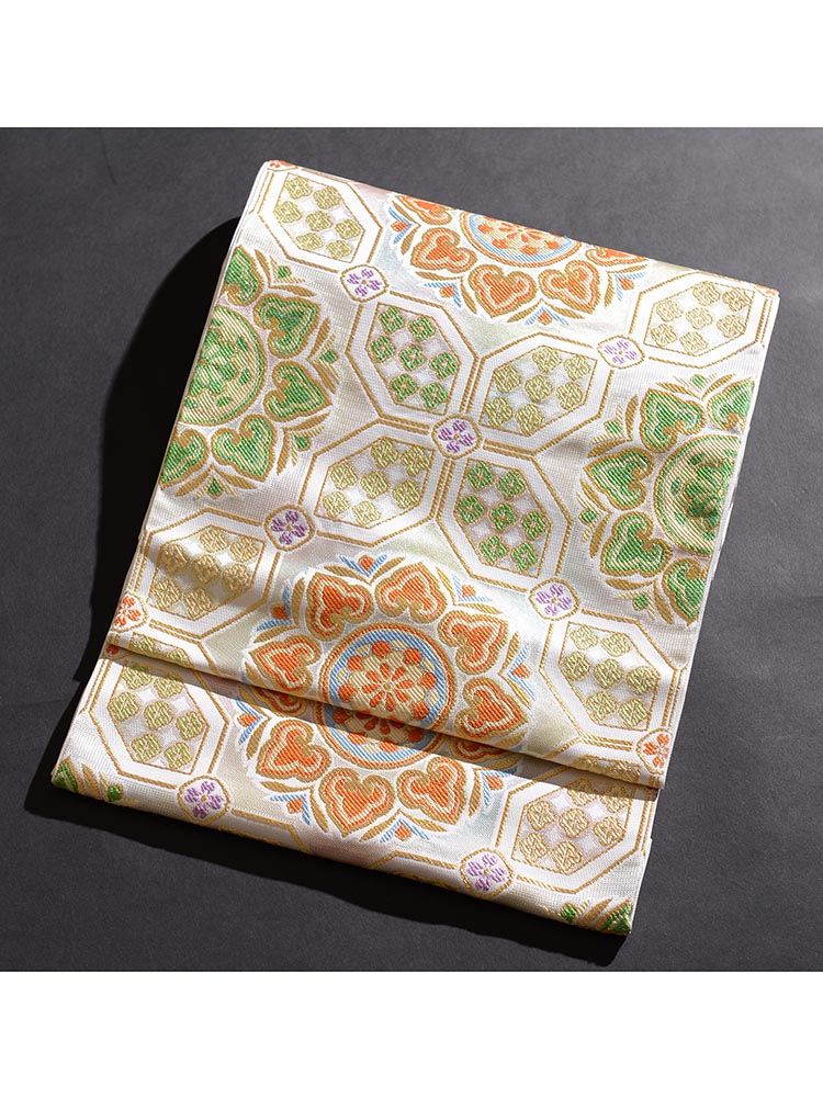 【最高級の西陣織・袋帯レンタル】obi-24-3 厳選逸品　緑とオレンジ 華文