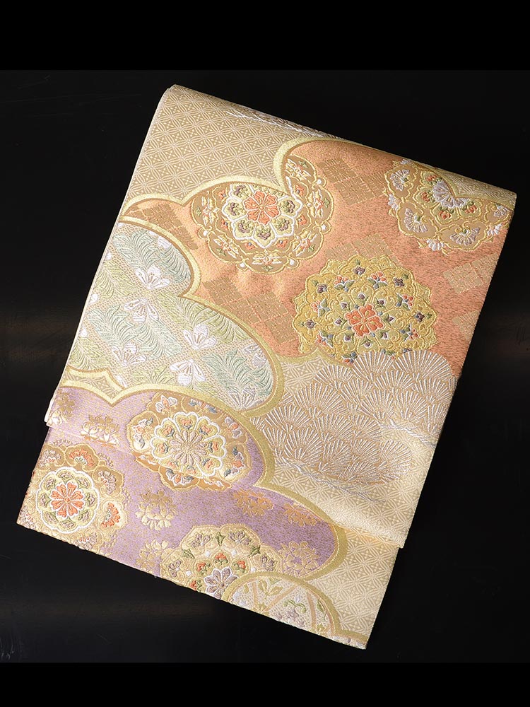 【高級帯レンタル】obi-25-84 西陣織　有職文様　雲取り華文　長尺 長尺サイズ 雲取り
