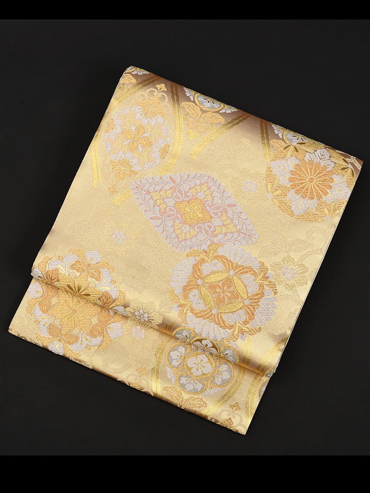 【高級帯レンタル】obi-29-136 西陣織　有職文様　ゴールド・ピンク　菱 サイズ 有職文様