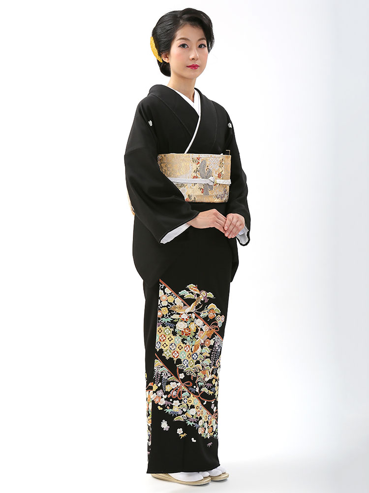 【高級黒留袖レンタル】1903-a 京友禅競技大会受賞柄　吉祥飛鶴文 MLサイズ 四季の花・鶴・宝尽くし