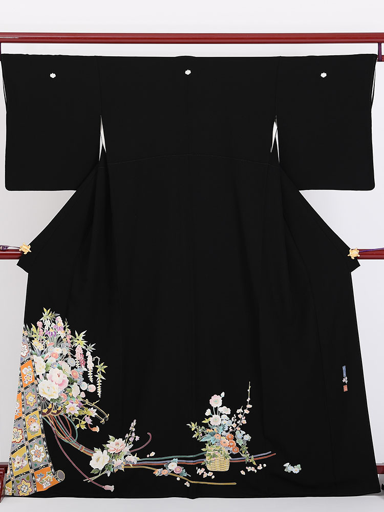 【高級黒留袖レンタル】kaga-302 本加賀友禅「花かご・花車」 Mサイズ 花かご・花車