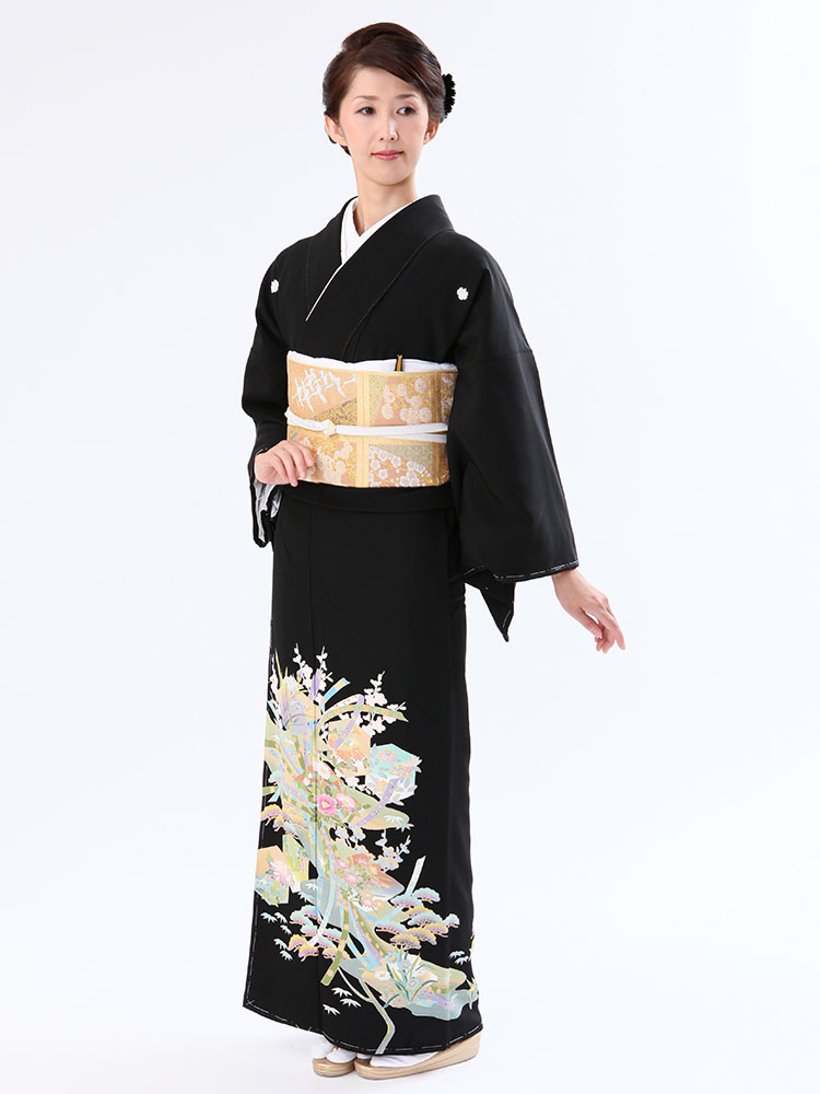 【高級黒留袖レンタル】kaga-413 本加賀友禅「松竹梅に熨斗と草花」 MLサイズ 松竹梅に熨斗と草花