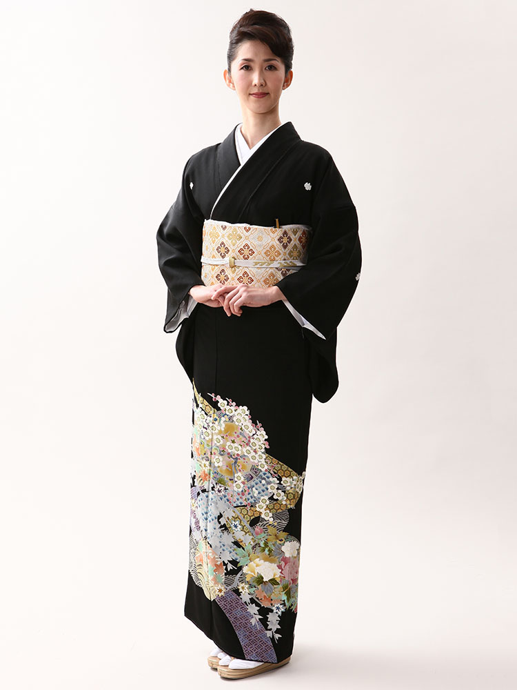 【高級黒留袖レンタル】kaga-431 本加賀友禅「丸に四季の花」 MLサイズ 四季の花