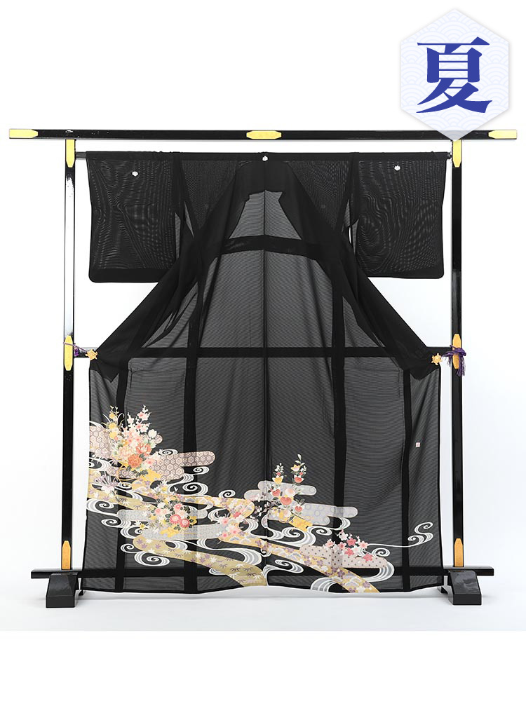 【高級黒留袖レンタル】rt-10 夏の絽黒留袖レンタルシリーズ・流水 LLサイズ 流水