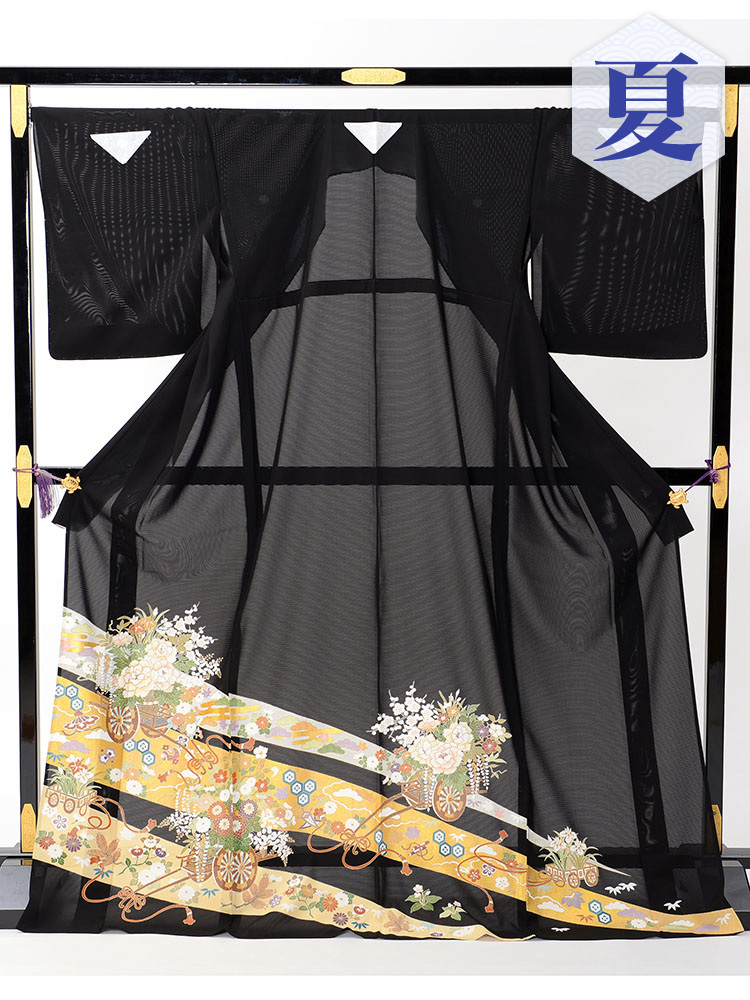【高級黒留袖レンタル】rt-14 夏の絽黒留袖レンタルシリーズ・花車 LLサイズ 花車
