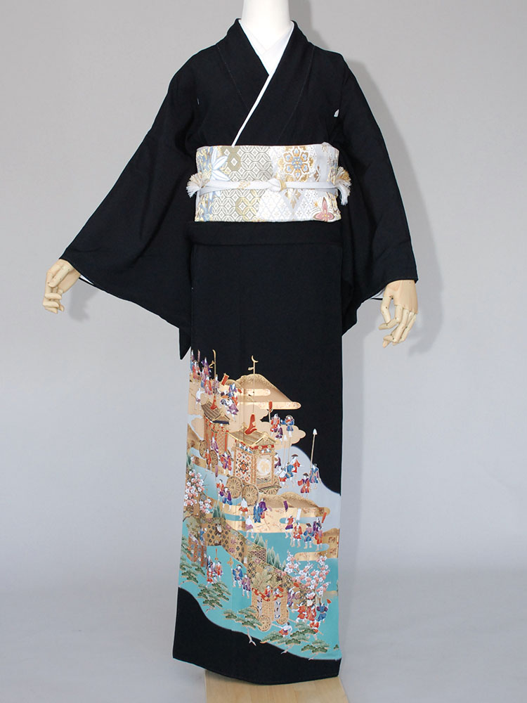 ５０００円以上１０％引き色留袖 正絹 一越 比翼付き 祇園祭 山鉾巡行絵図 162cm前後ベスト 優品