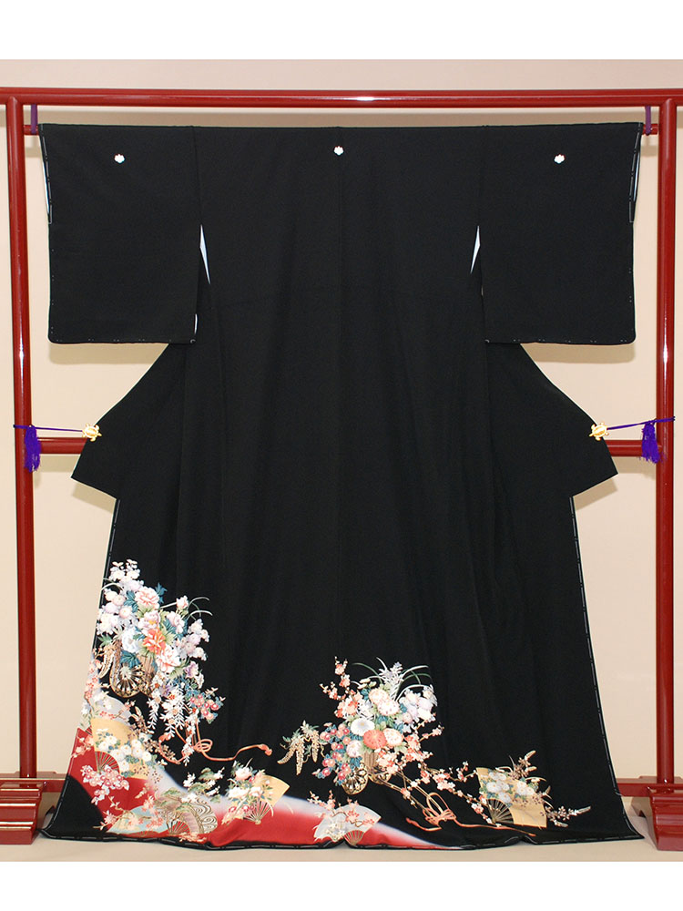 【WEB申込限定】 【高級黒留袖レンタル】t-201 エンジの花車 MLサイズ 花車