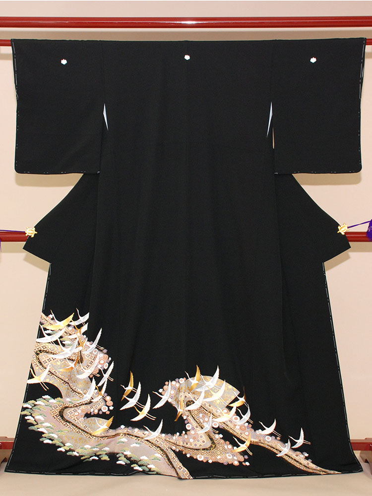 【高級黒留袖レンタル】t-204 よくある鶴の柄 MSサイズ 飛鶴