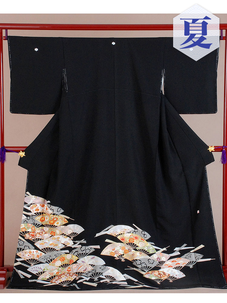 【高級黒留袖レンタル】t-213 単衣の黒留袖シリーズ・扇子 MLサイズ  （５月～１０月前後に利用する留袖）