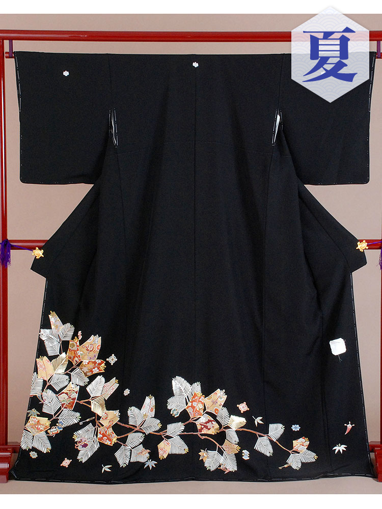 【高級黒留袖レンタル】t-214 単衣の黒留袖シリーズ・松葉 MLサイズ  （５月～１０月前後に利用する留袖）