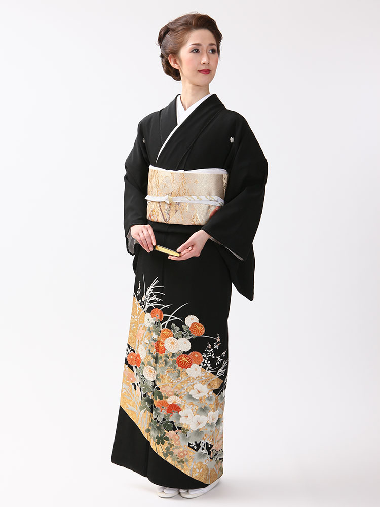 【高級黒留袖レンタル】t-316 琳派調の菊花柄 MLサイズ 琳派・菊花柄