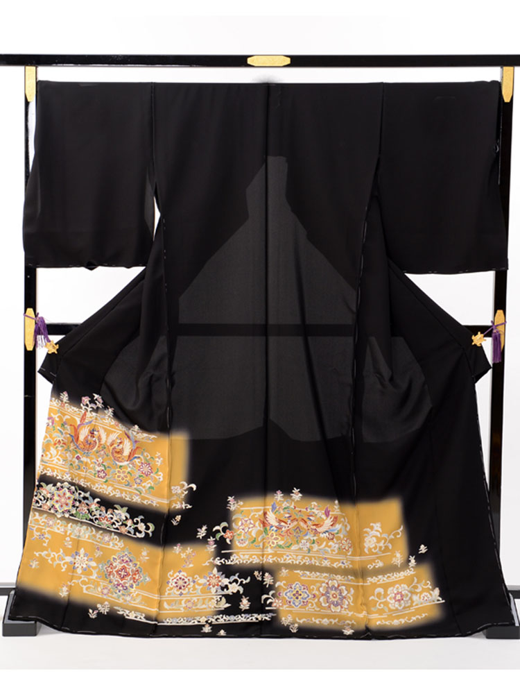 【大きいサイズの高級黒留袖レンタル】t-473 幅広サイズの上質の京友禅 LOOサイズ 鳳凰柄