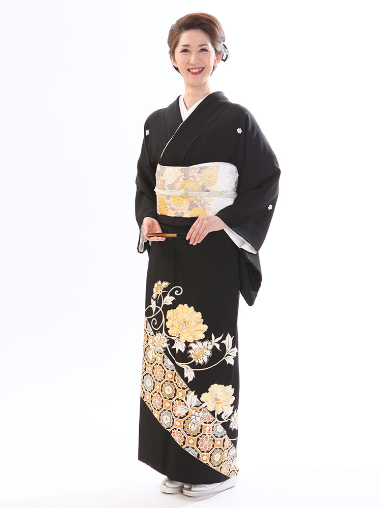 【高級黒留袖レンタル】t-606 最高級京友禅・百花の王 MLサイズ 牡丹・蜀江文様