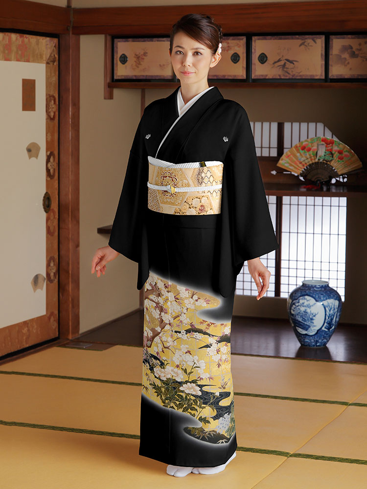 【高級黒留袖レンタル】t-633 琳派　四季の花の最高級京友禅 MLサイズ 琳派・四季の花