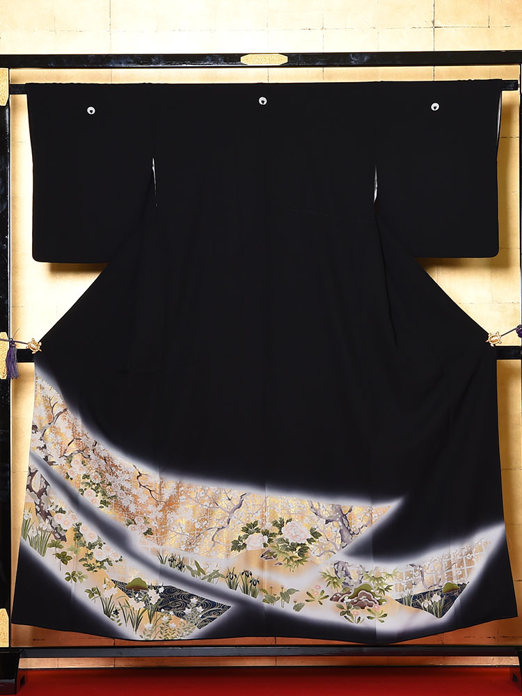 【高級黒留袖レンタル】t-640 小柄な方向けの琳派柄・最高級京友禅 Sサイズ 琳派・四季の花