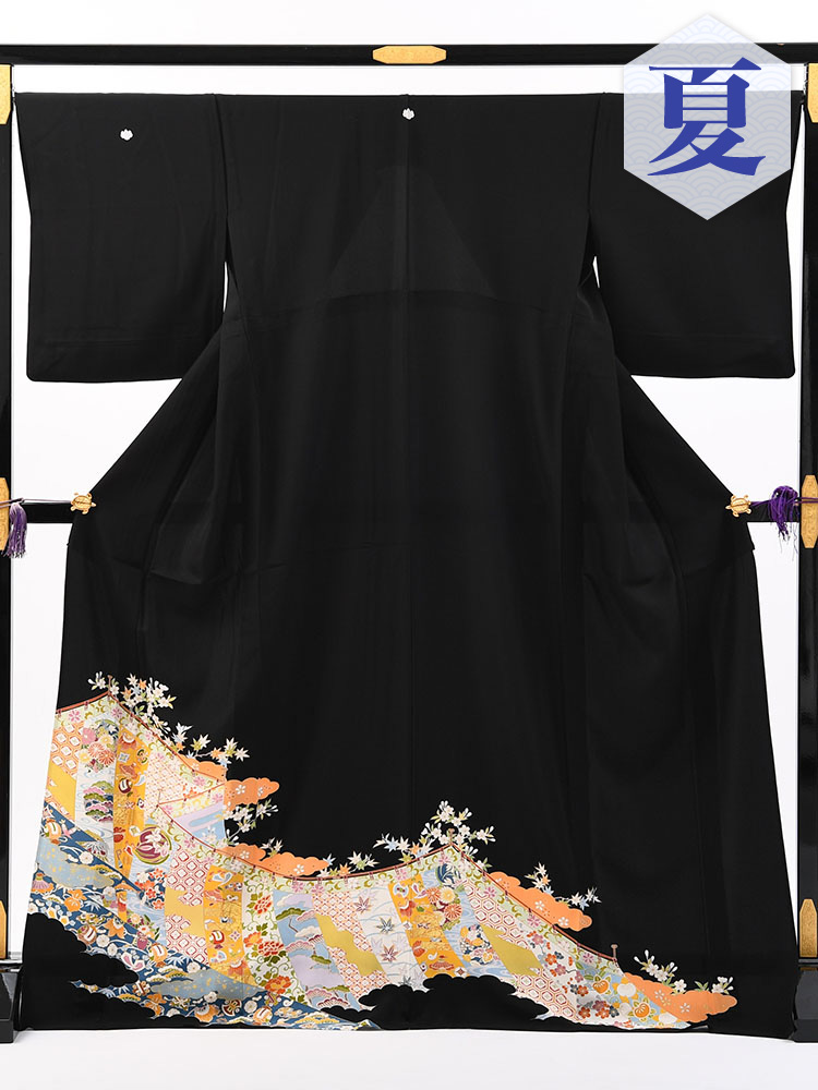 【高級黒留袖レンタル】t-650 色鮮やかな高級京友禅・初夏から秋にかけての単衣 MLサイズ 幔幕文・宝尽くし