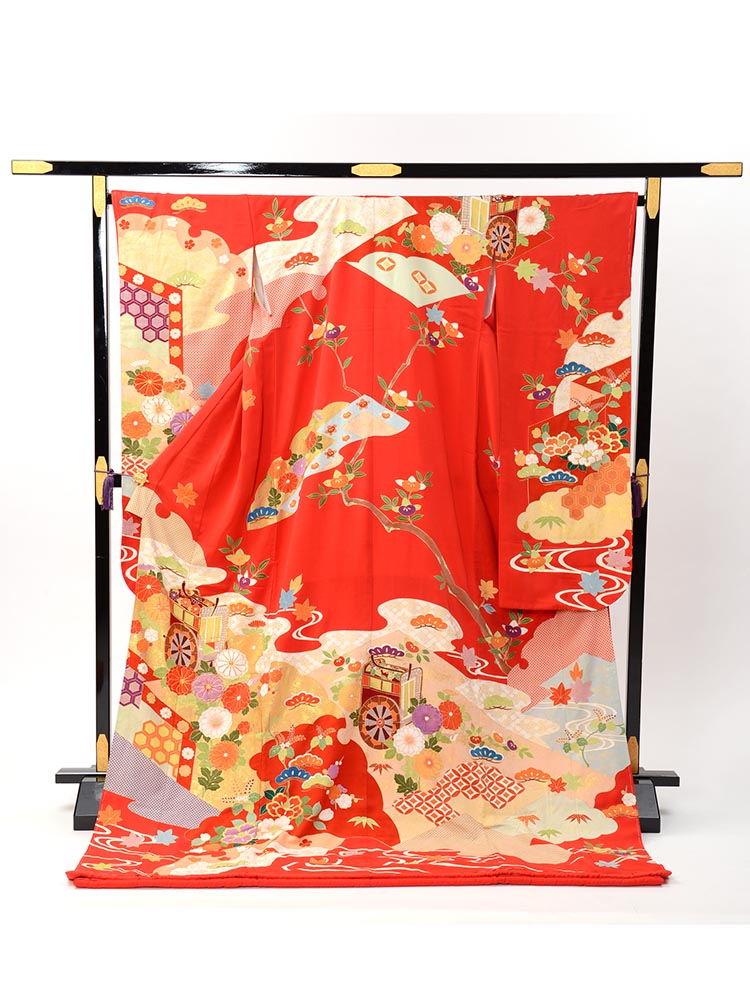 【高級な赤い引き振袖レンタル】hikifurisode-8 花嫁衣裳・朱赤で桃山調の柄・標準サイズ