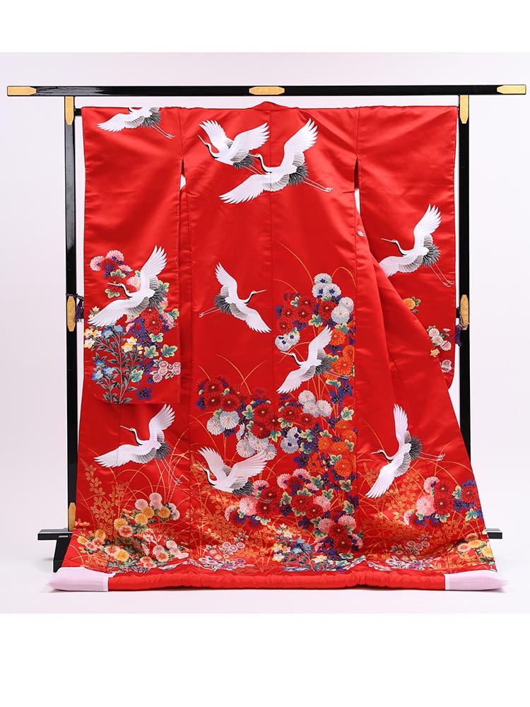 【高級色打掛レンタル】uchikake-60 赤地に鶴・秋草花　 サイズ 鶴